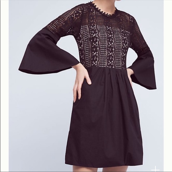HD in Paris Anthropologie Drea Bell Sleeve Lace Dress | Black | Size Medium - Picture 2 of 14